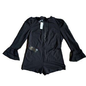 Bebe Romper Black Crochet High Neck Sheer Mesh Bell Sleeves Whimsy Goth Knit‎